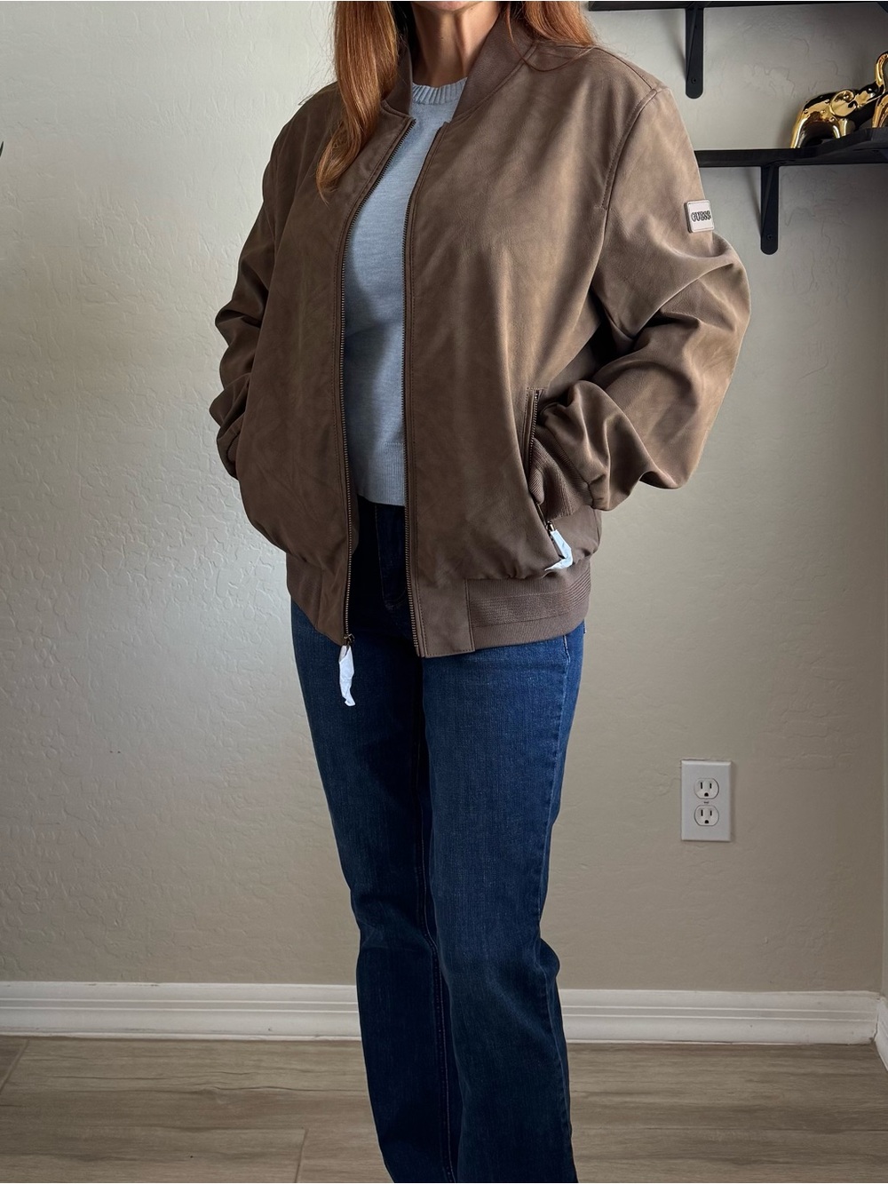 Guess Taupe Brown Bomber Faux Suede Jacket